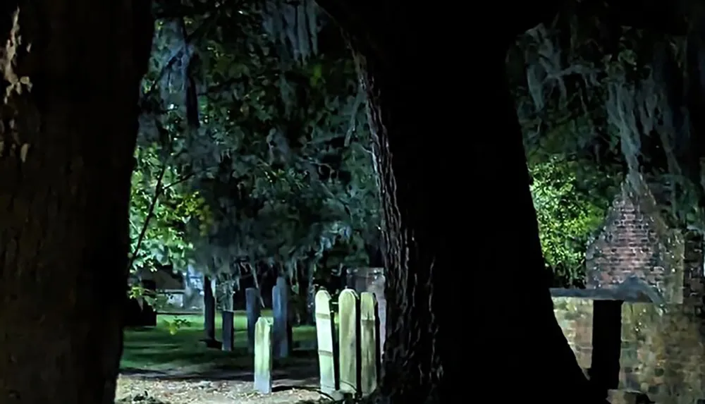 The image shows a nighttime view of an old cemetery with headstones among trees and eerie lighting