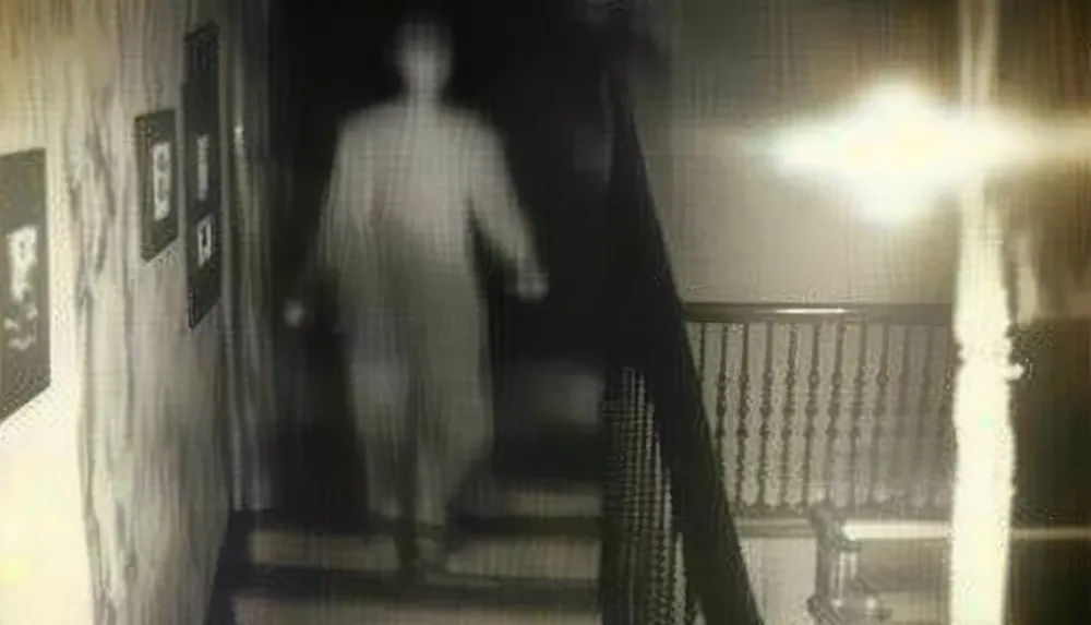 The image is a blurry and low-resolution photo of an indistinct figure standing on a staircase giving it an eerie or ghostly appearance