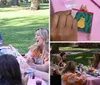 A group of people is enjoying a cheerful outdoor craft activity around a table covered in art supplies