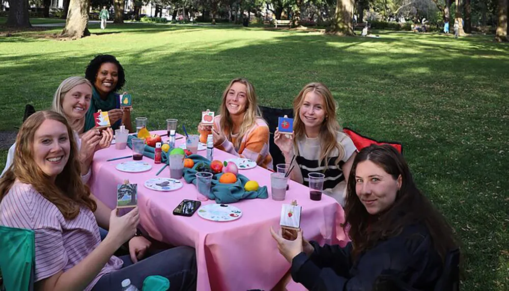 A group of six happy individuals is enjoying a crafty picnic in the park proudly displaying their colorful hand-painted canvas artworks