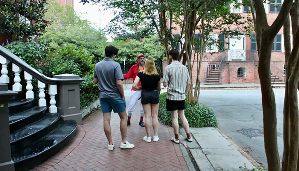 Four individuals are listening to a person who appears to be giving a tour on a sidewalk lined with trees and buildings