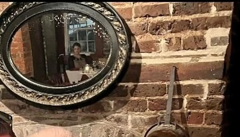 The image depicts a persons reflection taken through an ornately framed mirror set against a brick wall capturing an intriguing and artistic perspective