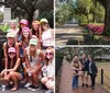 A group of smiling people wearing colorful hats with Bach Party printed on them pose together at Chippewa Square