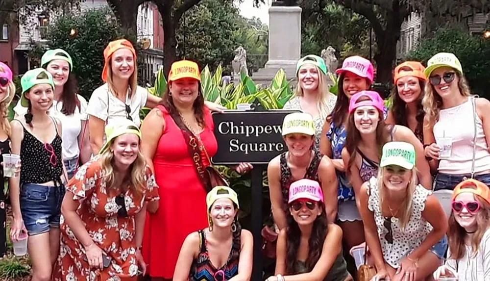 A group of smiling people wearing colorful hats with Bach Party printed on them pose together at Chippewa Square