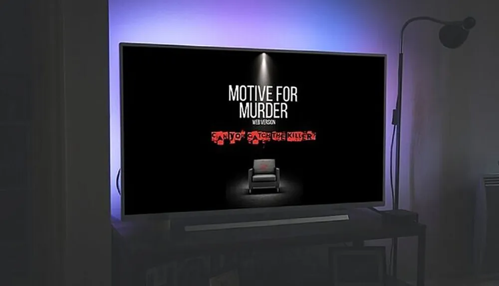 A flat-screen television in a dimly lit room is displaying the title screen of a show or film called Motive for Murder with the subtitle Can You Catch the Killer