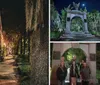 The image displays a charming nocturnal street view adorned with American flags hanging from traditional buildings illuminated by warm streetlights and lined with trees draped in Spanish moss