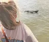 A person is watching a dolphin swim near the shore