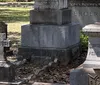 A stone statue of an angel with outspread wings stands beside a grave gently touching a draped cloth set against a backdrop of trees draped in Spanish moss