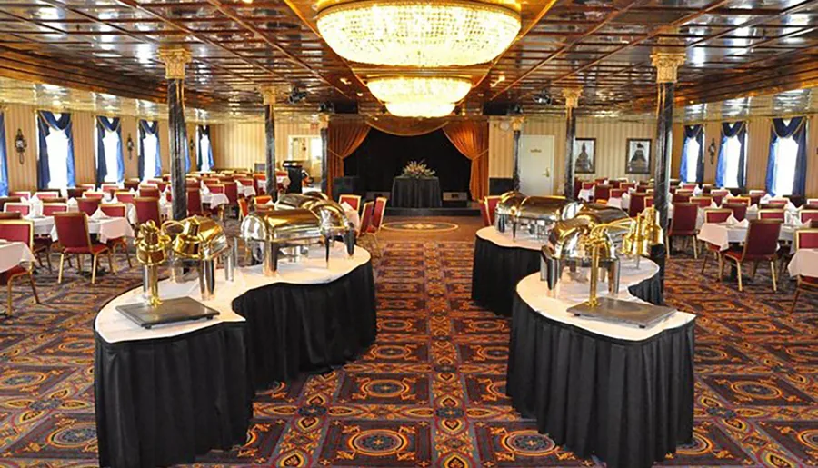 The image shows an elegant banquet hall set up with round tables covered in white linens, red chairs, and several serving stations with silver chafing dishes, under a grand chandelier, suggesting preparation for a formal event or dining occasion.