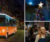 An orange vintage-style trolley adorned with a Christmas wreath travels down a festive cobblestone street at night