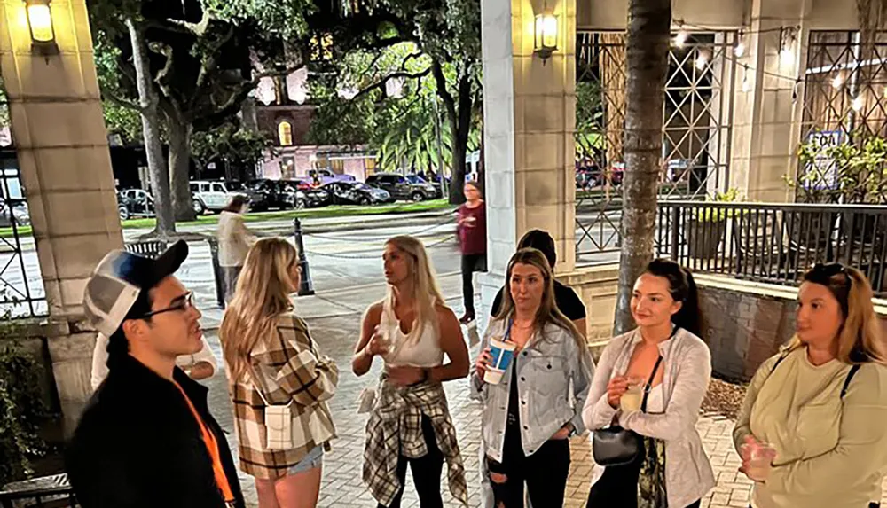 A group of people is engaged in a conversation on a sidewalk next to a building with columns at night