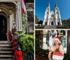 The entrance of a stately home is decorated with festive ornaments including nutcracker statues and poinsettias suggestive of holiday season adornment