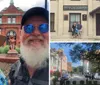 A smiling couple takes a selfie with a historic building possibly identified as the Savannah Cotton Exchange and a lion statue in the background