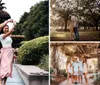 A family of five is posing for a photograph outdoors with a backdrop of greenery and a wooden structure