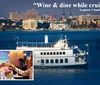 The image features a scenic view of a waterfront cityscape with a cruise boat in the foreground complemented by an inset photo of people toasting drinks at a table tied together by the quote Wine  dine while cruising attributed to Explore Charleston