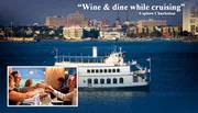 The image features a scenic view of a waterfront cityscape with a cruise boat in the foreground, complemented by an inset photo of people toasting drinks at a table, tied together by the quote 