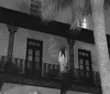 The black and white image shows a person standing on a balcony of a building with intricate railings set against the night sky with palm tree shadows casting over the faade