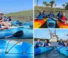 A group of smiling people are enjoying kayaking together on a sunny day in a calm waterway with grassy banks