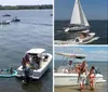 A group of people is enjoying a sunny day out on the water with some on a boat and others in an attached floating ring