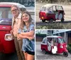 Two individuals are smiling inside a quirky red and white three-wheeled vehicle parked in a driveway with brick detailing in front of a house with a garage door and a landscaped front yard