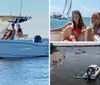 A group of people is enjoying a sunny day on a motorboat on calm waters with a bridge in the distant background