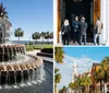 The image shows a multi-tiered pineapple-shaped fountain set in a park with a waterfront promenade and palm trees in the background