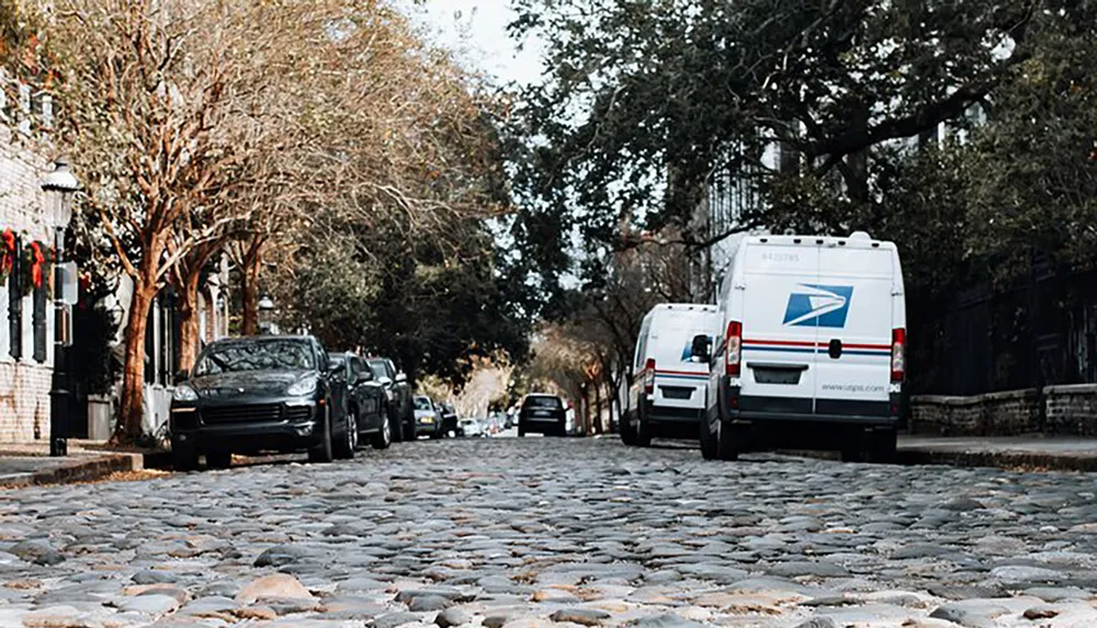 The image shows a cobblestone street lined with parked cars and two United States Postal Service delivery vans under leafless trees possibly during the winter season