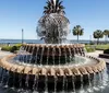 The image shows a multi-tiered pineapple-shaped fountain set in a park with a waterfront promenade and palm trees in the background