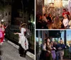 A group of people is attentively listening to an individual dressed in period costume during what appears to be a nighttime ghost tour outside a historical building