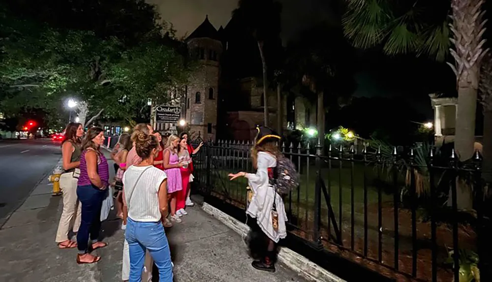 A group of people is attentively listening to an individual dressed in period costume during what appears to be a nighttime ghost tour outside a historical building