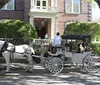 A horse-drawn carriage with a driver and passenger is parked in front of a large traditional brick house with a woman standing on the porch