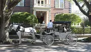 A horse-drawn carriage with a driver and passenger is parked in front of a large, traditional brick house with a woman standing on the porch.