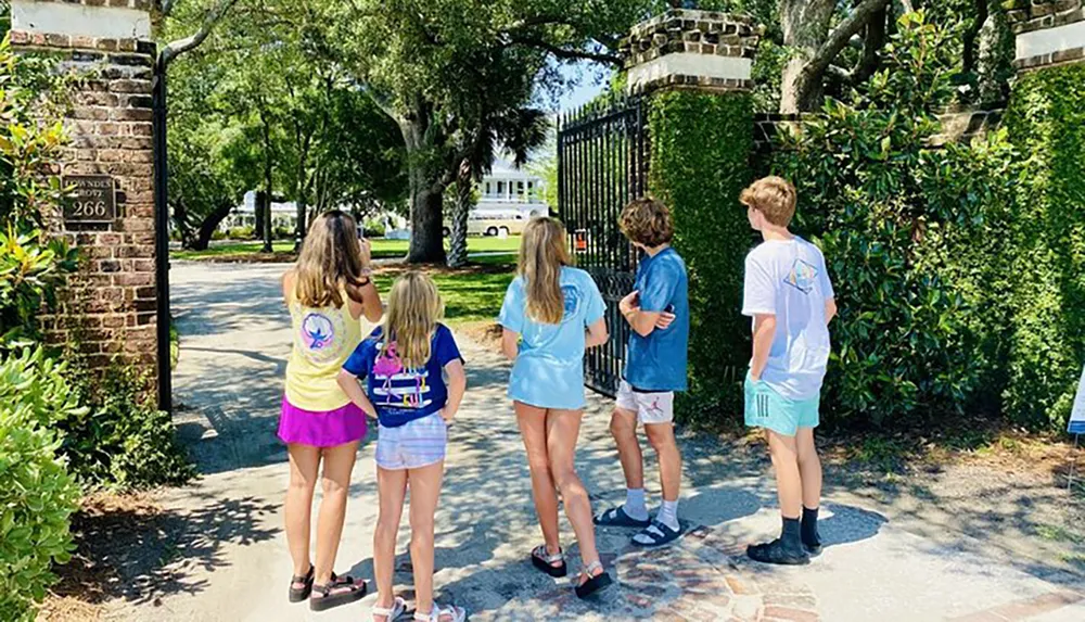 A group of children is standing at a gate entrance looking towards a house in the distance