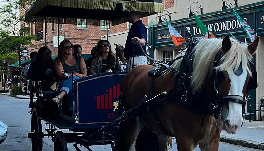 The image depicts a horse-drawn carriage with passengers on a city street and it appears to be in front of a restaurant displaying an Irish flag