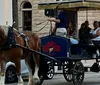 A horse-drawn carriage with passengers is being guided by a coachman down an urban street