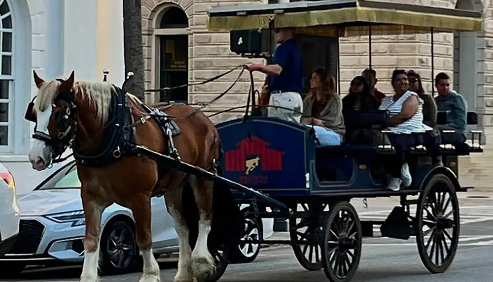 A horse-drawn carriage with passengers is being guided by a driver on a city street