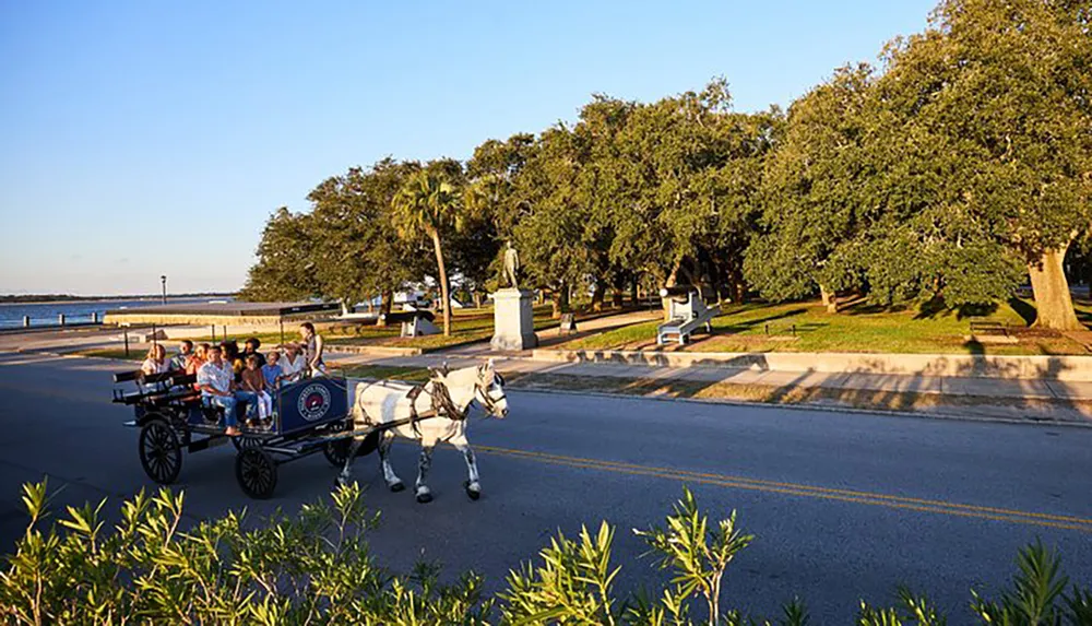 A horse-drawn carriage carries passengers along a scenic street lined with trees and a view of the water in the background