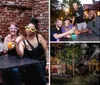 A group of five women wearing oversized heart-shaped sunglasses are enjoying drinks and smiling together at an outdoor table