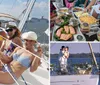 A group of smiling people are enjoying a sunny day on a sailboat with a city skyline and a large cruise ship in the background