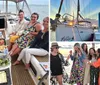 A group of smiling people are enjoying a meal together on a sailboat