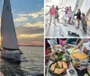 A group of people relaxes on a sailboat enjoying the sunset over the water