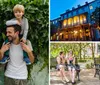 A happy family with two young children on their parents shoulders is posing in front of a leafy green backdrop