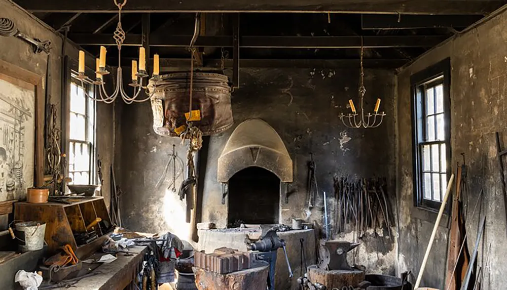 The image displays a rustic and dimly lit traditional blacksmiths workshop complete with an anvil forge tools and soot-covered walls that suggest long-standing use