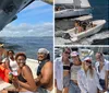 A group of friends is smiling and enjoying a sunny day on a boat with a large ship in the background