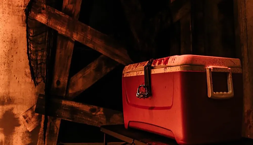 A red and white cooler with marks on it is positioned against a dark wooden background with a warm dim light casting eerie shadows