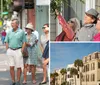 A group of people are attentively listening to a woman gesturing with her hand as if she is guiding a tour on a city street