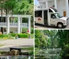 The image shows a classic southern-style manor with large columns surrounded by a lush garden and Spanish moss-draped trees where people are leisurely spending time in its tranquil setting