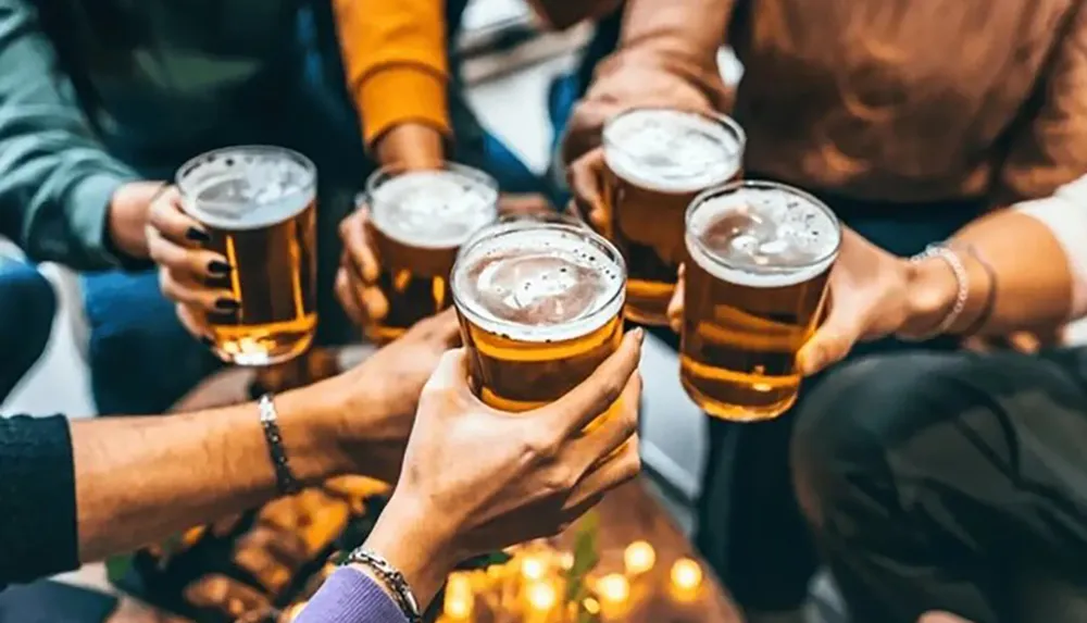 A group of people is toasting with glasses of beer in a social gathering