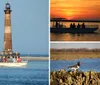 This image is a collage of four separate photos featuring maritime activities and wildlife with a lighthouse sunset boat ride people on a tour boat and hippos in water