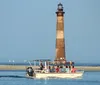 This image is a collage of four separate photos featuring maritime activities and wildlife with a lighthouse sunset boat ride people on a tour boat and hippos in water